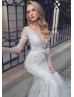 Long Sleeve Ivory Lace Shimmering Tulle Wedding Dress